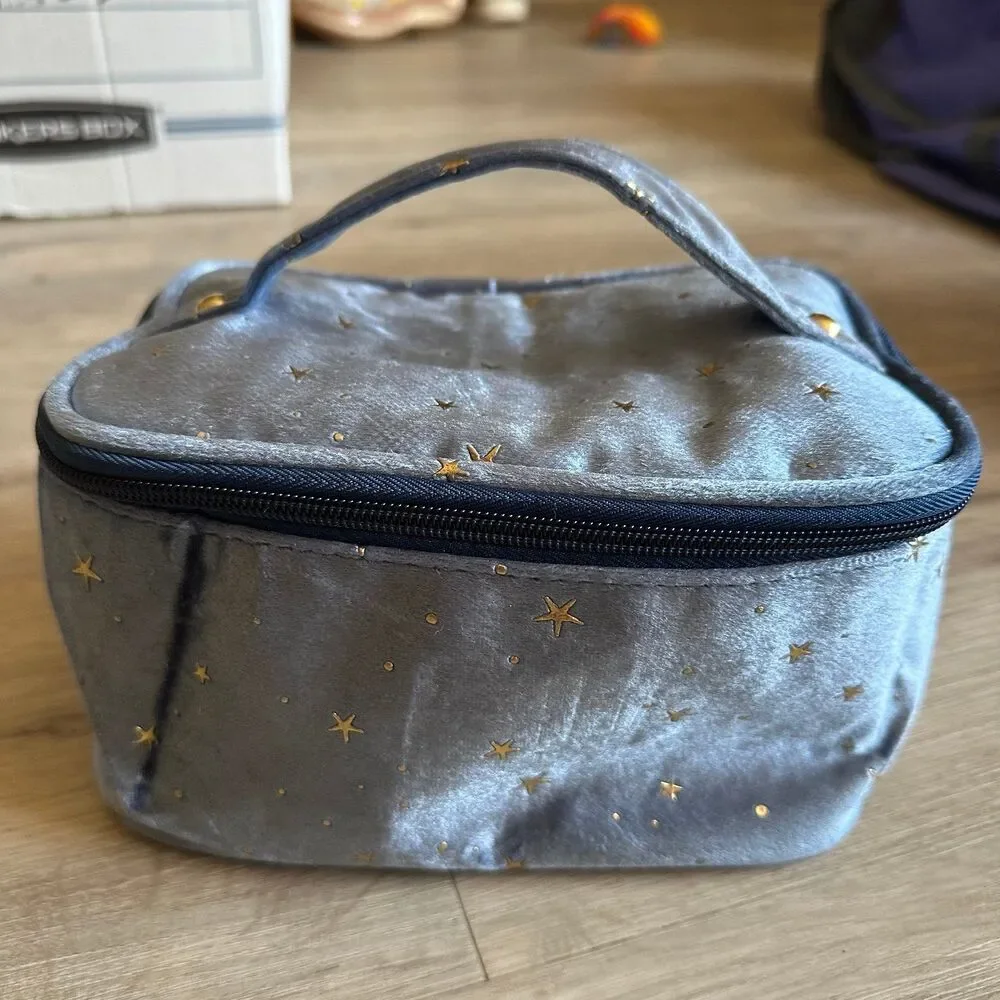 Smoky Blue Velour & Metallic Gold Stars Cosmetic Case Bag